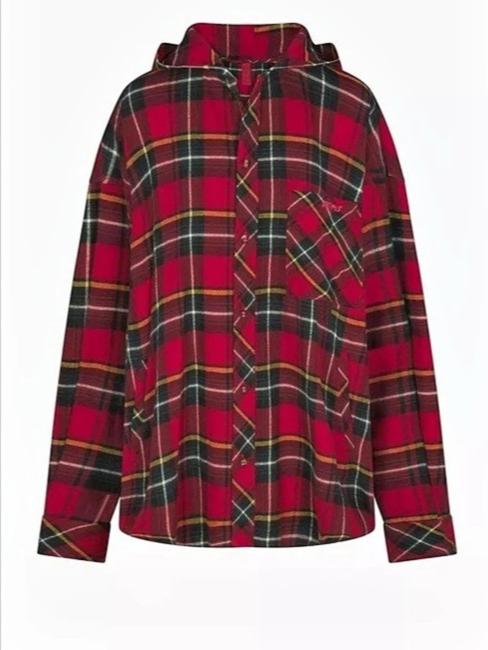 SKIMS, Flannel Hooded Buttondown Shirt, Red Holiday Plaid, XS, NWOT!